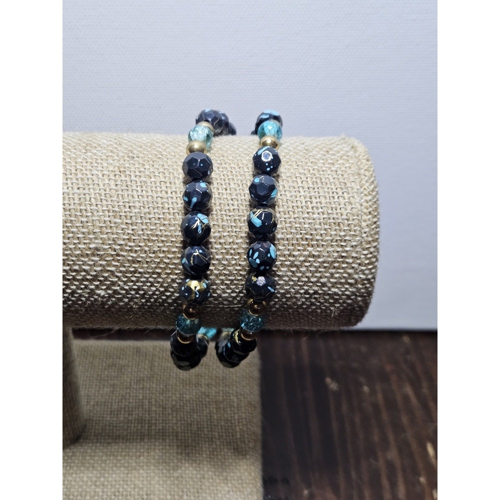 Vintage 2 Strand Bead Bracelet Black Turquoise Gold Splatter Lightweight Boho
